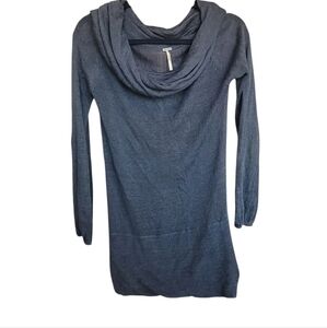 Free People Top Small Teal Blue Open Knit 75% Linen 25% Viscose Cowl Long Sleeve